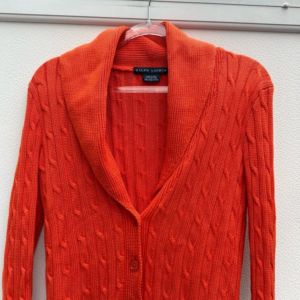 Ralph Lauren Cardigan Sweater Women M Orange Cable Knit 100% Pima Cotton Pockets - Picture 5 of 13